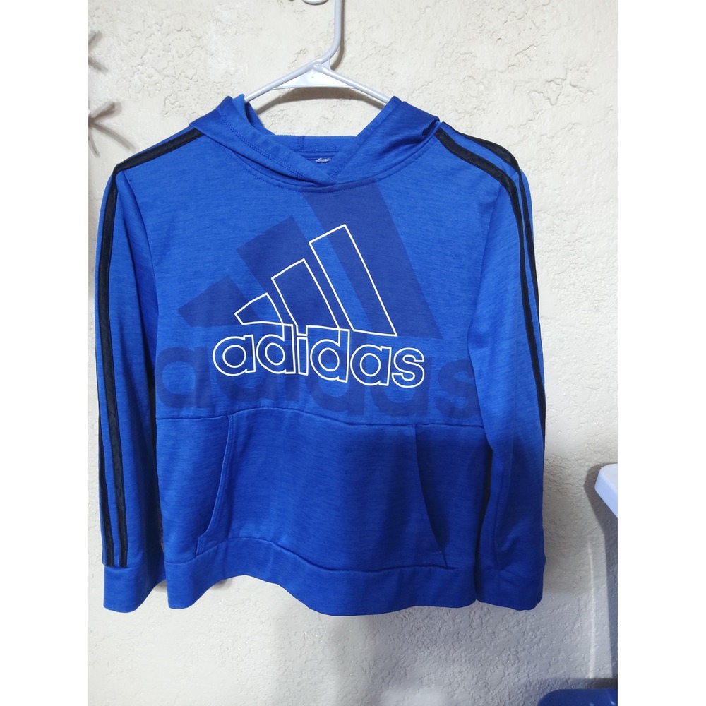 Adidas Boys Royal Blue Heathered Logo Pullover Hoodie Black Stripes